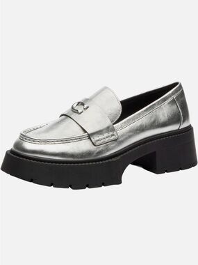 COACH Leah Platform Lug Sole in Silver Metallic Leather Loafers Women’s 8.5